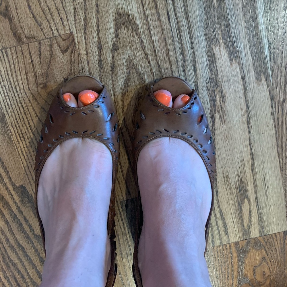 Adorable peek a boo wedges brown leather